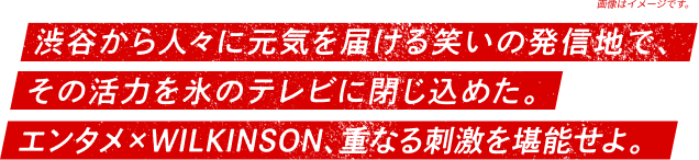 渋谷から人々に元気を届ける笑いの発信値で、その活力を氷のテレビに閉じ込めた。エンタメ✕WILKINSON、重なる刺激を堪能せよ。