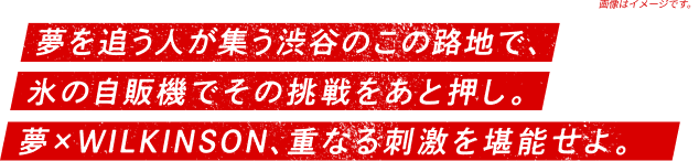 夢を追う人が集う渋谷のこの路地で、氷の自販機でその挑戦を後押し、夢✕WILKINSON、重なる刺激を堪能せよ。